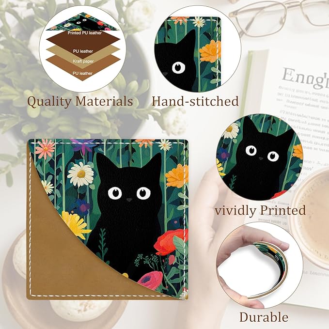 Cute Black Cat Floral Corner Bookmarks, Funny Leather Book Accessories for Book Lovers, 3 Pcs Reading Book Page Markers for Women Men Student Teacher Girls Boys Kids Retirement Birthday Gifts