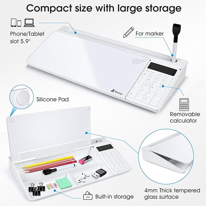 Varhomax Glass Desk Whiteboard with Calculator, Desktop Dry Erase White Board with Storage, to Do List Memo Notepad for Home and Office