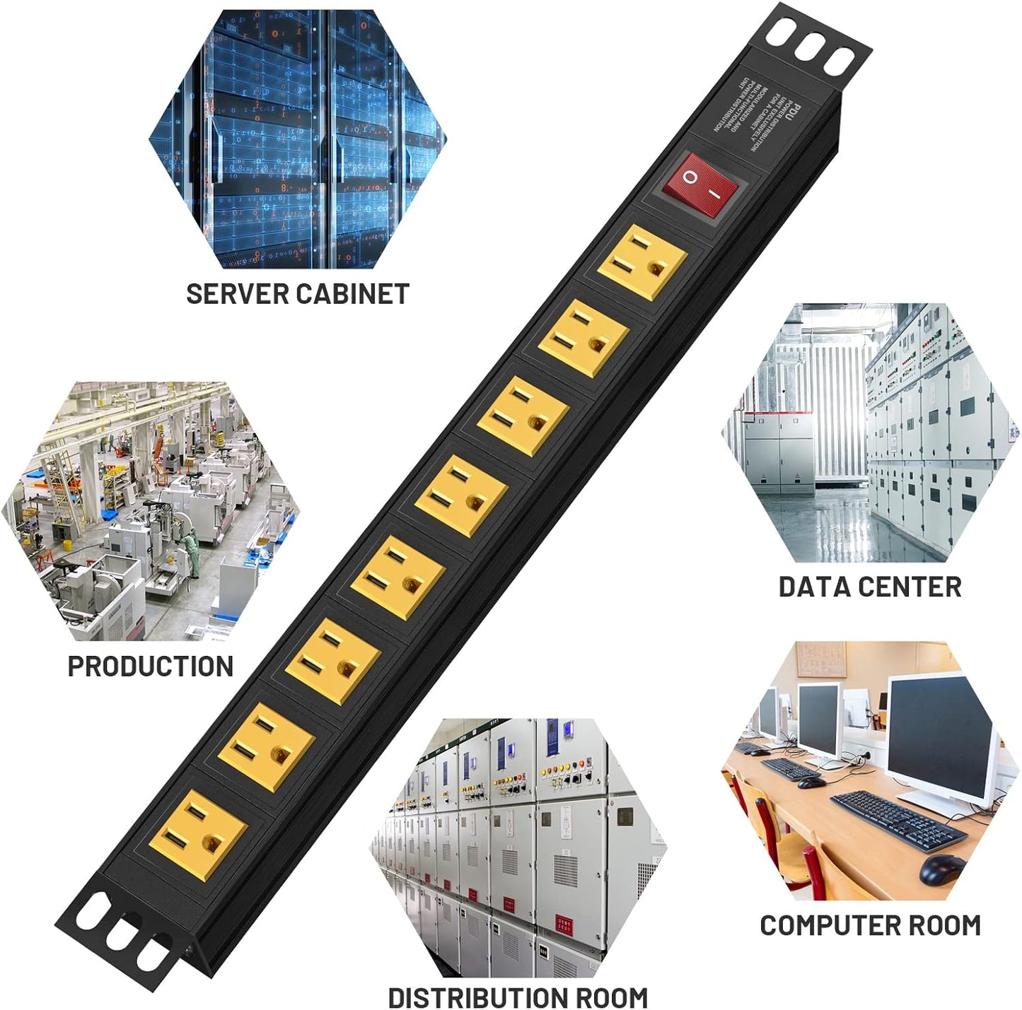 BTU Power Strip Surge Protector Rack-Mount PDU, 8 Right Angle Outlets Wide-Spaced, Mountable Power Strip Heavy Duty for Server Racks, Commercial, 300J (Yellow 6FT)