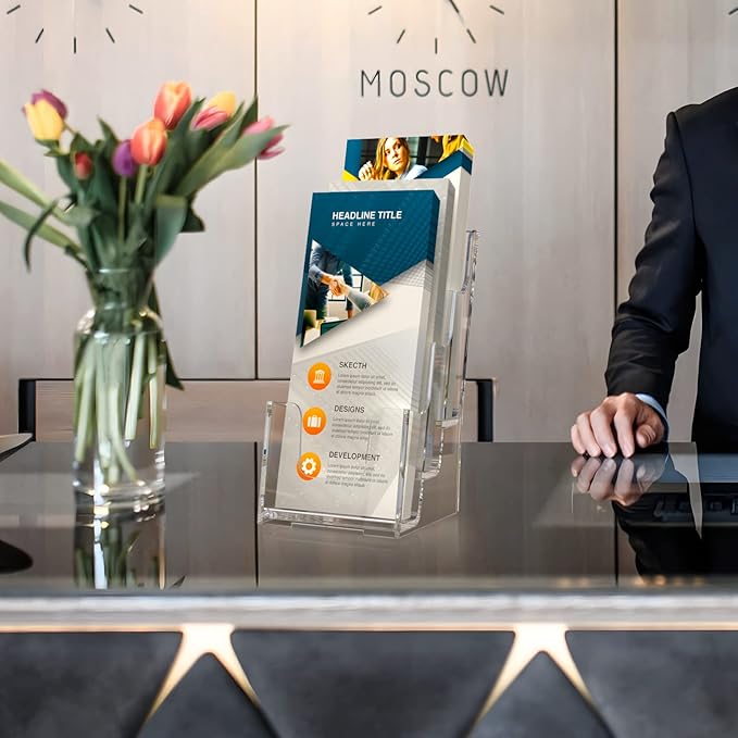 MaxGear Acrylic Brochure Holder, 4-Inch Wide 3 Tier Brochure Display Stand Clear Literature Holder Premium Acrylic Pamphlet Holder Multi Pocket, Wall Mount or Counter Top Use(4 Pack)