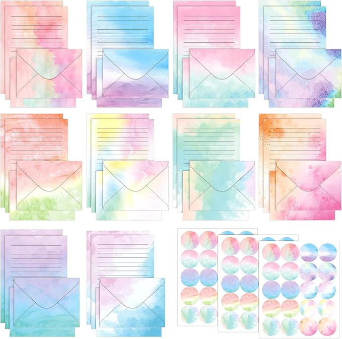 TaoBary 160 Packs Stationery Paper Set (50 Double Sided Stationery Writing Papers 50 Matching Envelopes) 60 Round Dot Sticker, 10 Design(Watercolor,8.5 x 11 Inch)