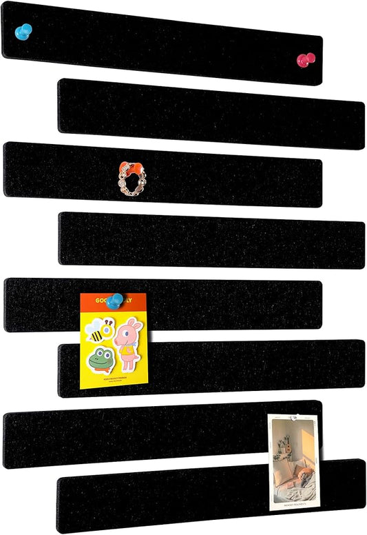 Cork Board for Walls - 8 Pack Felt Pin Board Bar Strips - Self-Adhesive Lightweight Bulletin Board - Black Cork Board for Office with 40 Push Pins No Damage for Wall