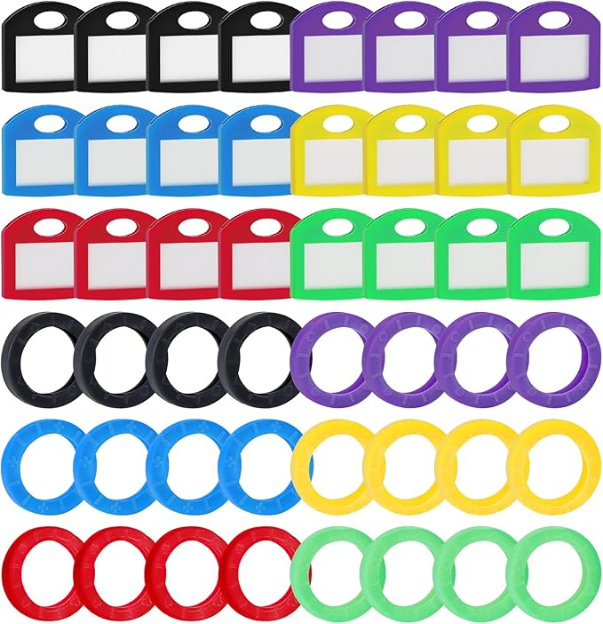 Uniclife 24 Pack Round Key Caps Covers and 24 Pack Key Cap Tags with Blank Paper Labels & Clear Windows Colorful Key Identifiers Protectors for Regular Flat House Keys (Not for Odd-Shaped Keys)