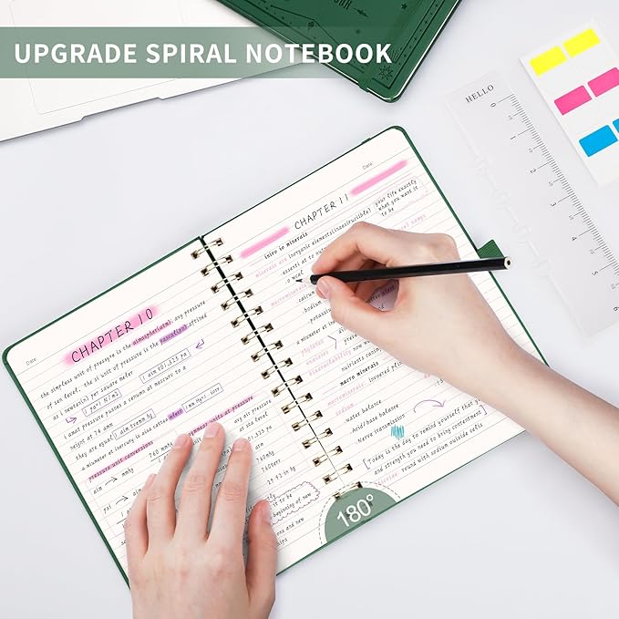 EMSHOI A5 Spiral Notebook Lined Journal for Women Men - Thick 100GSM 140 Numbered Pages College Ruled, PU Leather Hardcover Notebook for Work School Journaling Writing Gift, 6"x8" (DarkGreen)