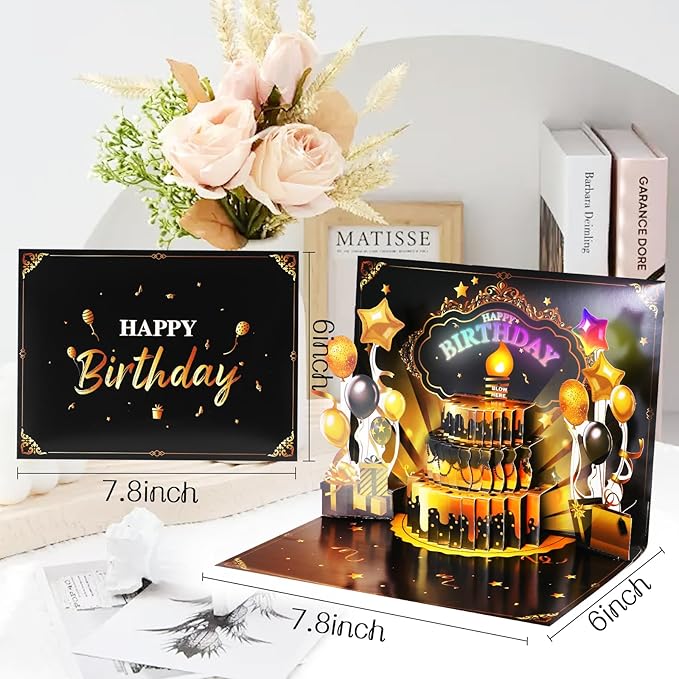 Birthday Gift Card, 3D Pop Up Birthday Card with Light and Music & Interative Candle, Birthday Cards Birthday Gifts for Women Men Kids