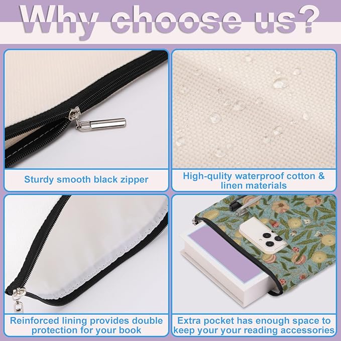 Retro Floral Fruit Book Sleeve Book Cover Classic Flower Book Protector with Zipper Christmas Birthday Book Club Gifts Book Accessories for Women Sister Wife Librarian Girls Bookish Book Lovers Gifts