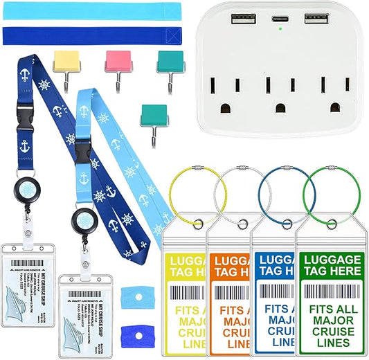 15 Pcs Cruise Essentials Accessories Kit Must Haves Set Include Non-Surge Power Strip, Retractable Cruise Lanyards for Ship Card, Luggage Tags Holder, Towel Bands, Anti Nausea Wristband, Magnetic Hook