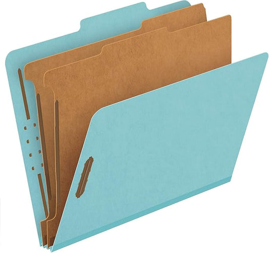 Pendaflex Recycled Classification File Folders, 2 Dividers, 2" Embedded Fasteners, 2/5 Tab Cut, Letter Size, Light Blue, Box of 10 (24030R)