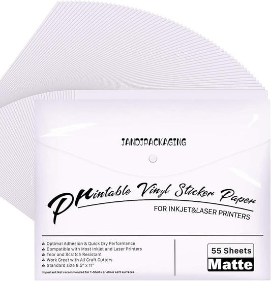 JANDJPACKAGING Printable Vinyl for Inkjet Printer - 55 Pack Matte White Printable Vinyl Sticker Paper Dries Quickly Vivid Colors, Holds Ink Well, Tear Resistant, Inkjet & Laser Printer(140 g)