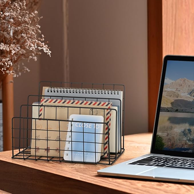 3 Slot Metal Desk Mail Organizer, Mesh Small Large File Magazine Book Record Holders Letter Organizer, Bill/Document/Filing/Folders/Paper Organizer for Desktop (Black-Large)