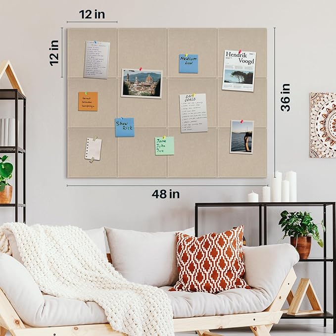 DOLLAR BOSS Large Cork Board for Wall 48" x 36" x 0.5" Bulletin Board 12 Packs Black Cork Board Tiles Self Adhesive Felt Wall Tiles with Pushpins, Corkboard for Office Pin Board Tack Board, Latte