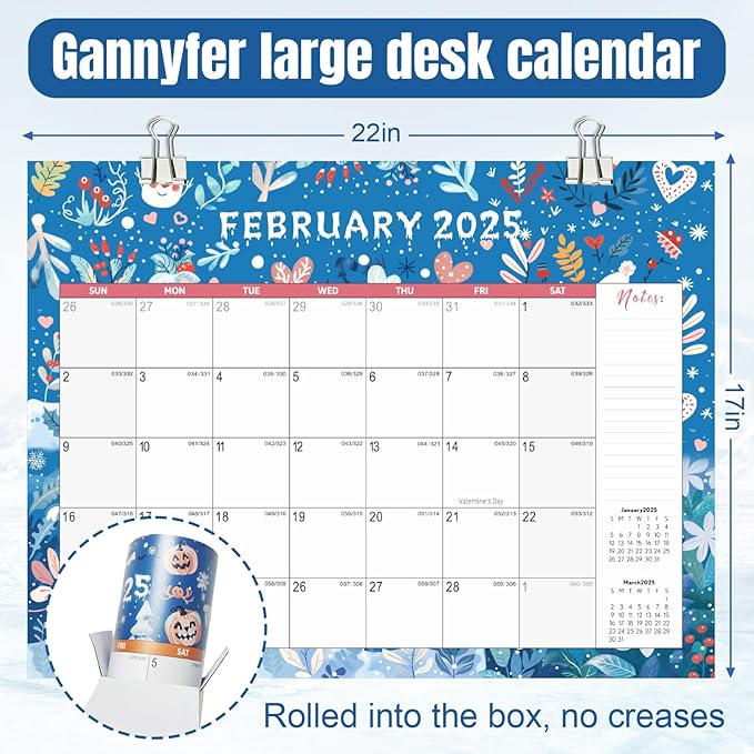 Gannyfer Large Desk Calendar 2025-2026 - 18 months from Jan 2025 to Jun 2026, 22" x 17" Desktop/Wall Pad Calendar with to-do List, Thick Paper with Plastic Cover, Large Ruled Blocks - Snow (2 Binder Clips Included)