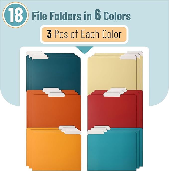 Mr. Pen- File Folders, 18 Pack, Retro Colors, 1/3-Cut Tab, File Folders Letter Size, Colored File Folders, Office File Folder, Colored Folders, Office Supplies File Folders, File Folders with Tabs