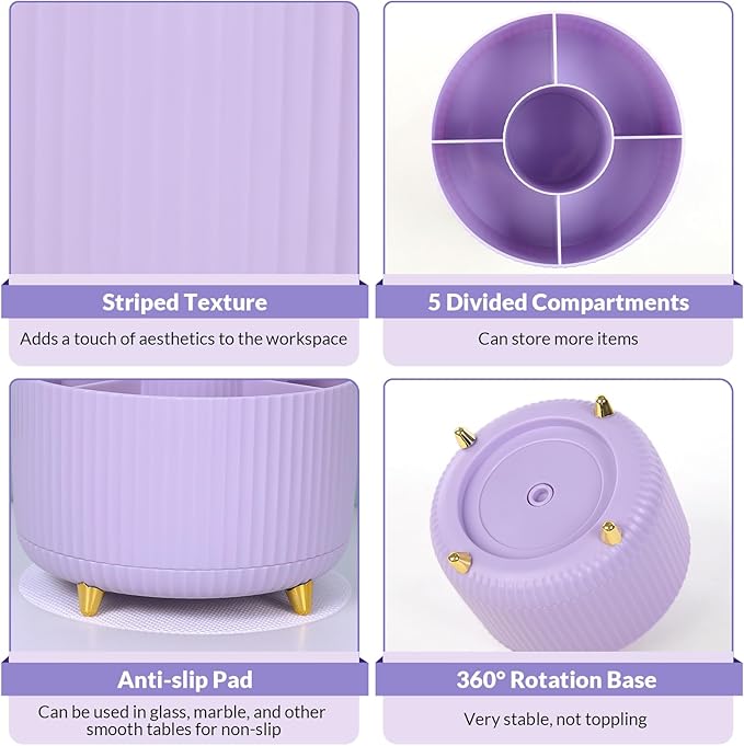 SKYDUE 360 Rotating Purple Pen & Art Supply Organizer - 5 Slot Desk Organizer for Office, School, Home