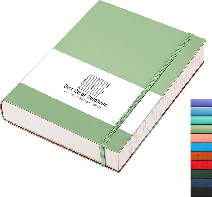 AHGXG A4 Notebooks College Ruled - 320 Pages Large Notebooks for Work, 8.5''×11'', 100gsm Thick Paper, Leather Softcover Thick Journal for Women Writing - LightGreen