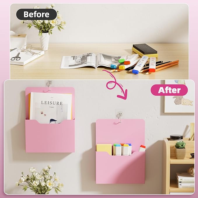 2 Pack Magnetic File Holder - Paper Holder, Pocket Organizer,Hanging Wall File Organizer Office Supplies Storage, Magazine Mail Organizer Case for Notebooks,Planners,Letter (Pink)