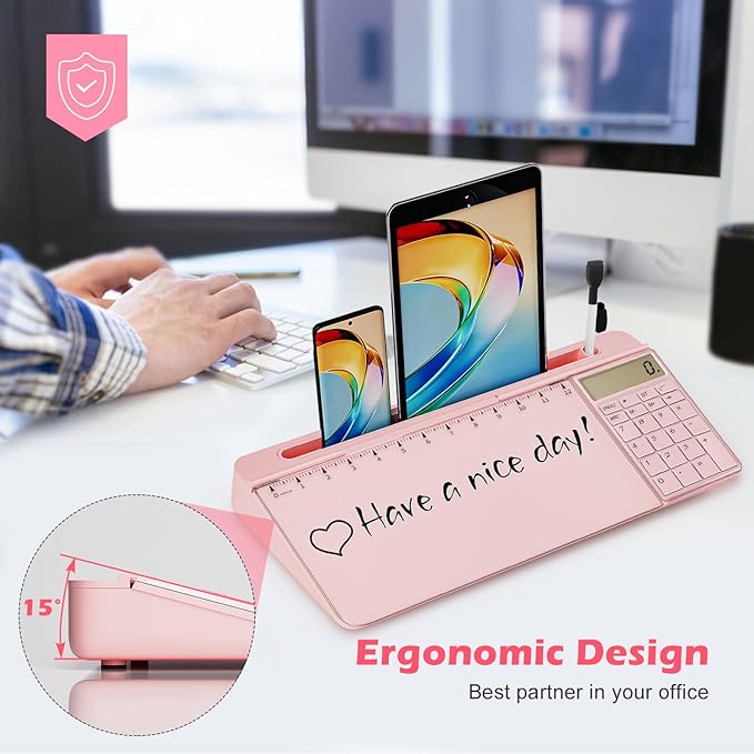 Desktop Glass Whiteboard with Mirror & Calculator(12 Digit LCD Display) & Ruler Marker,Tilted Computer Keyboard Stand with Dry Erase Board Surface, Desk Organizers with Accessories,Pink