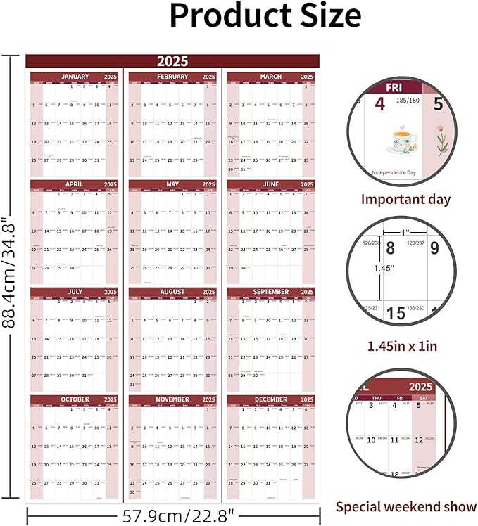 2025 Wall Calendar 34.8" x 22.8" Large Vertical Yearly Wall Hanging Calenda with Julian Date Thick Paper Calendar 12 Month Annual Wall Planner for Wall Office Fridge(Red)