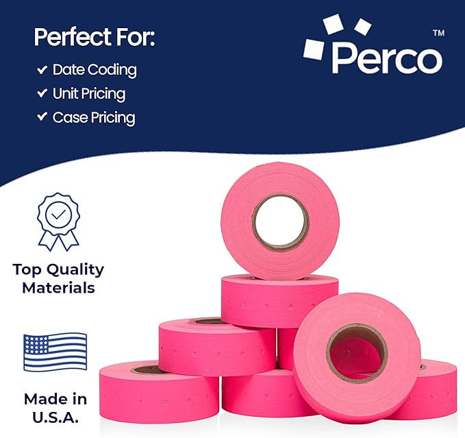 Perco 1 Line Fluorescent Pink Labels - 32 Rolls, 4 Sleeves, 32,000 Blank Price and Date Gun Labels for Perco 1 Line Price and Date Guns - Made in USA