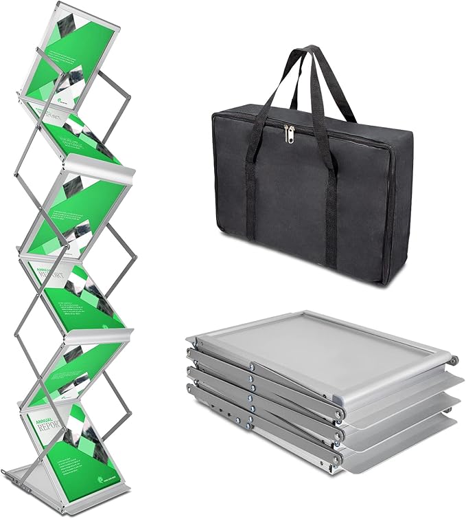 6 Pockets Collapsible Literature Rack for Trade Shows, Metal Floor Standing Literature Stand Catalog Rack Brochure Rack Flyer Holder Pamphlet Holder with Carry Case