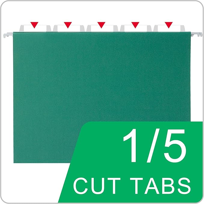 25 Packs Hanging File Folders,Green Letter Size File Folder,Designed for Bulky Files,Filing Cabinet,1/5 Adjustable Tabs for Office,School,Home