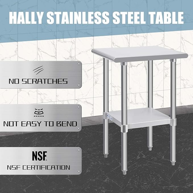 Hally Stainless Steel Table for Prep & Work 24 x 15 Inches, NSF Commercial Heavy Duty Table with Undershelf and Galvanized Legs for Restaurant, Home and Hotel