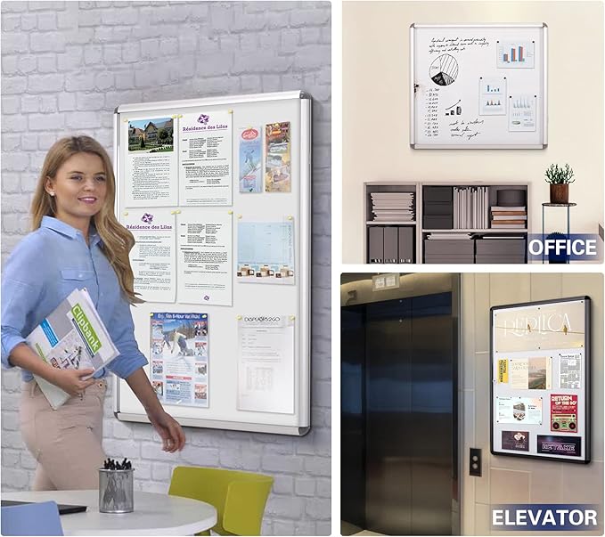 SWANCROWN Locking Bulletin Boards Enclosed Noticeboard White Glass Message Boards Indoor for School Office 38x28inch(9xA4)