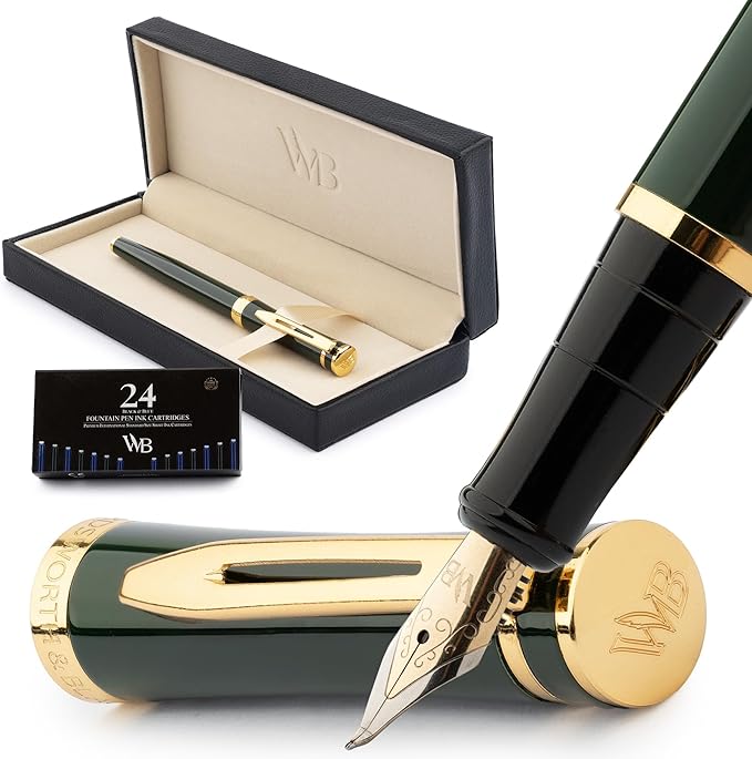 Wordsworth & Black Fountain Pen Set, Bent Nib, Includes 24 Pack Ink Cartridges, Ink Refill Converter & Gift Box, Calligraphy, [Racing Green], Perfect for Men & Women