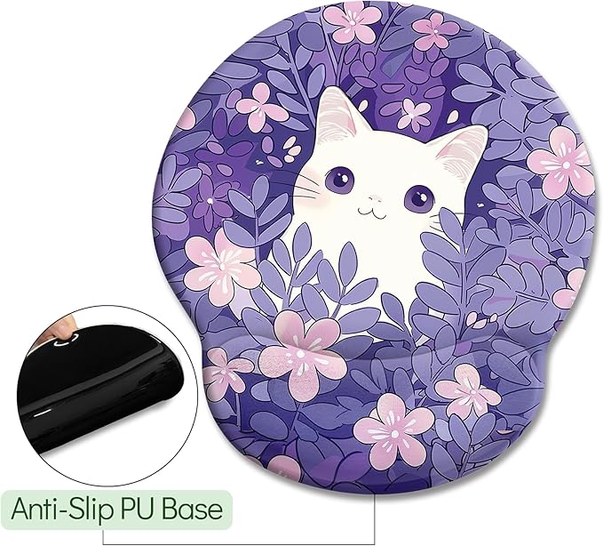 Purple Mouse Pad with Wrist Rest, Cat Ergonomic Mouse Pad Wrist Support with Non-Slip Pain Relief PU Base, Funny Computer Mousepad, Cute Kawaii Purple Office Supplies Desk Accessories Decor