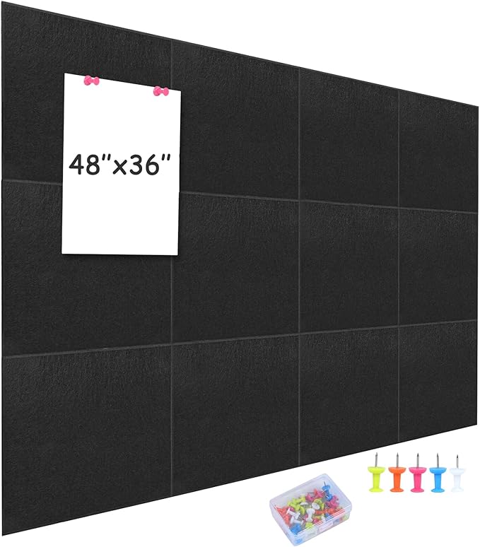 Bulletin Board 48 x 36, Black Cork Board Alternative for Office, 12 Count Felt Wall Tiles with Removable Adhesive Tabs, Square Pin Board Tack Board with 30 Pushpins(Black)