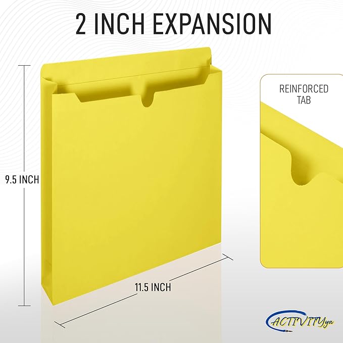 Yellow File Jackets, 2 Inch Expansion, Letter Size, Reinforced Straight-Cut Tab, 6 Pack