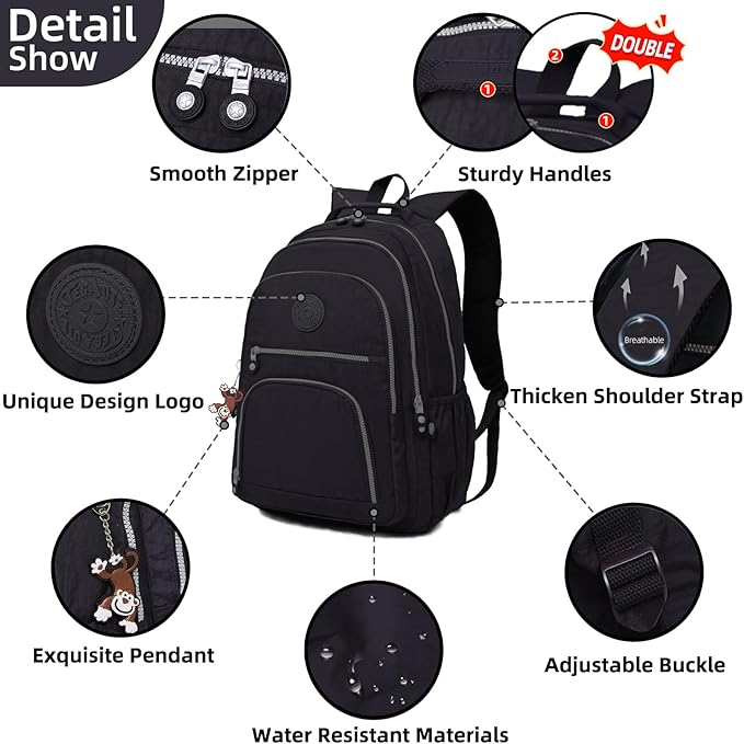 Casual Lightweight Travel Laptop Backpacks Water Resistant Large Nylon Backpack for Men Women Hiking Camping Cycling Packback Daypack, Fits 15.6 Inch Laptop and Notebook - Black