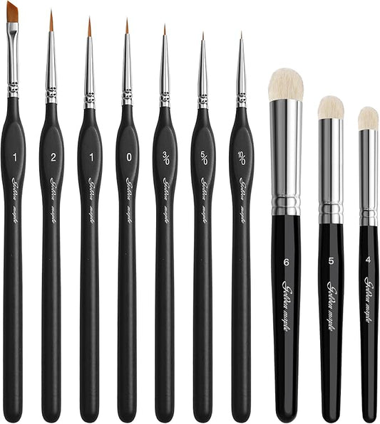 Golden Maple Miniature Paint Brushes Drybrush-10pcs Micro Detail Paint Brush Set, Small Fine Detail Brushes for Acrylic, Watercolors & Paint by Number, Citadel, Figurine, 40k