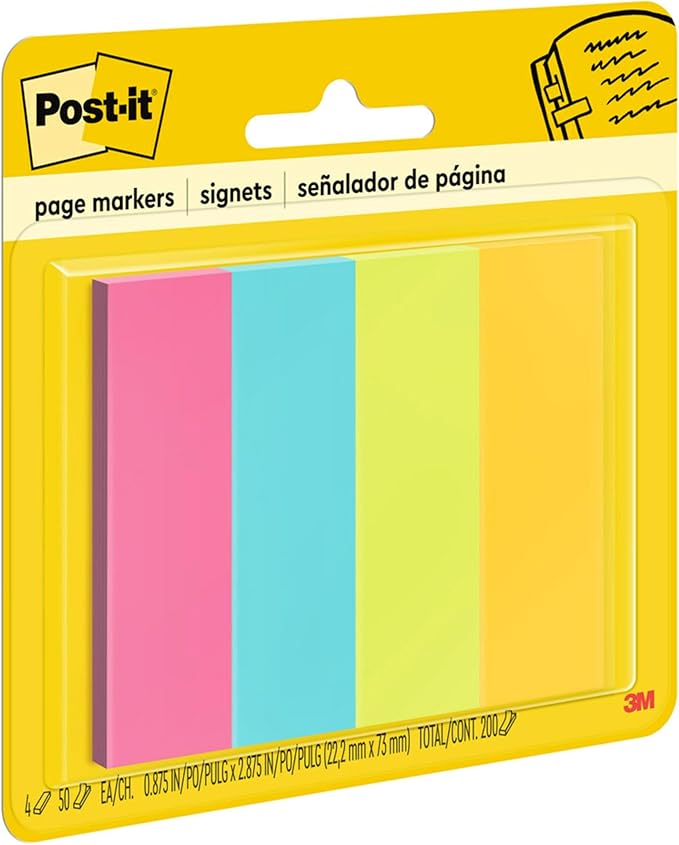 Post-it Page Markers, Assorted Colors, 1 in x 3 in, 50 Sheets/Pad, 4 Pads/Pack (671-4AU)