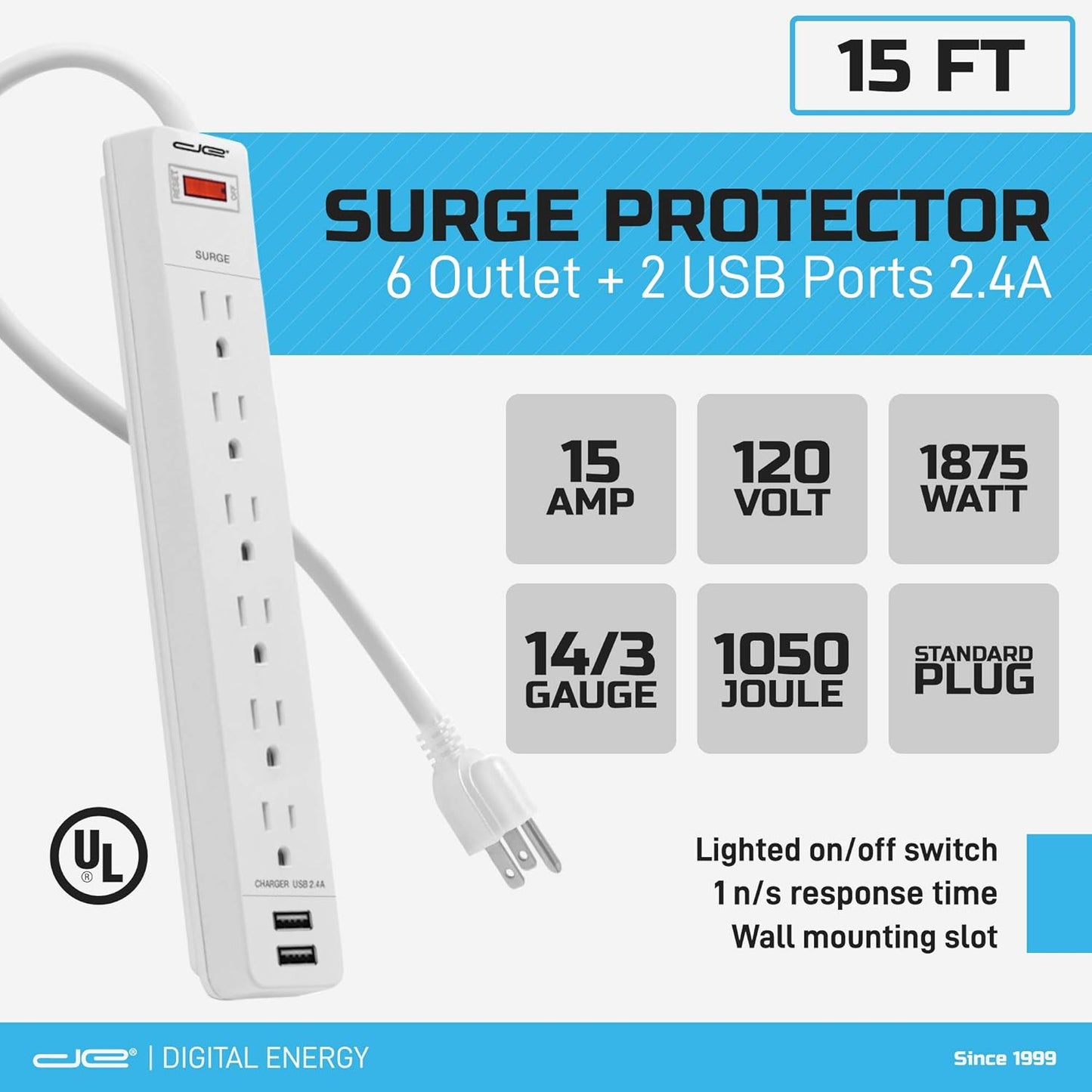 Digital Energy 6-Outlet + 2 USB 1050 Joule Surge Protector Power Strip with 15-Ft Long Extension Cord, White, UL Listed