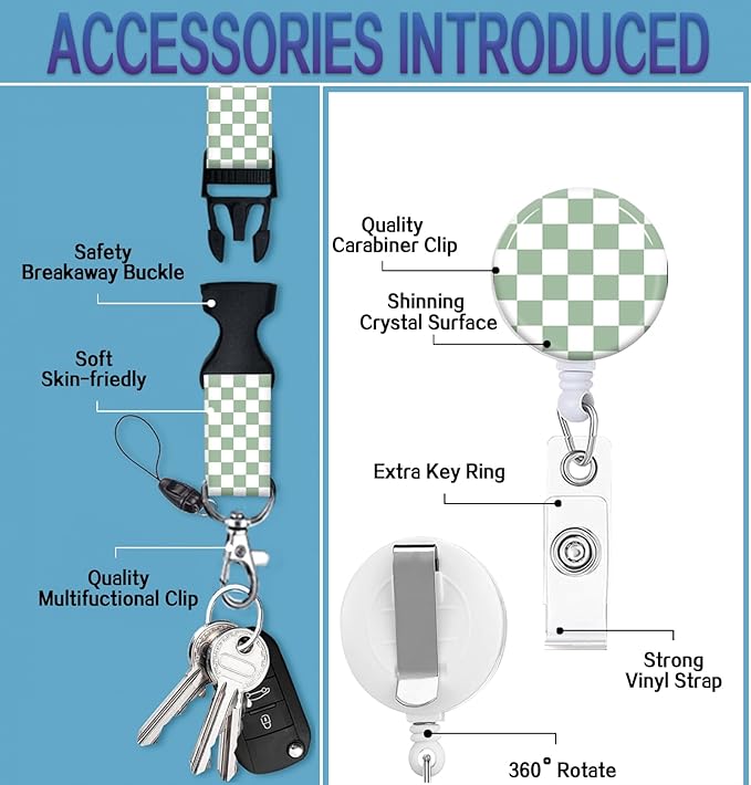 ID Badge Holder with Retractable Lanyard and Keychain, Badge Reel with Rotate Carabiner Clip,Sage Green Checkered Card Name Tag Lanyard ID Protector Bage Clips for Student, Women, Office