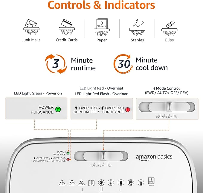 Amazon Basics Crosscut Paper and Credit Card Shredder for Security - 8-Sheet, Heavy Duty, White