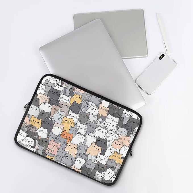 Cartoon Cat Print Laptop Briefcases for Men Women, Cute Laptop Sleeve Case Water Resistant Neoprene Computer Carrying Cover 12 Inch Laptop Carrying Bag