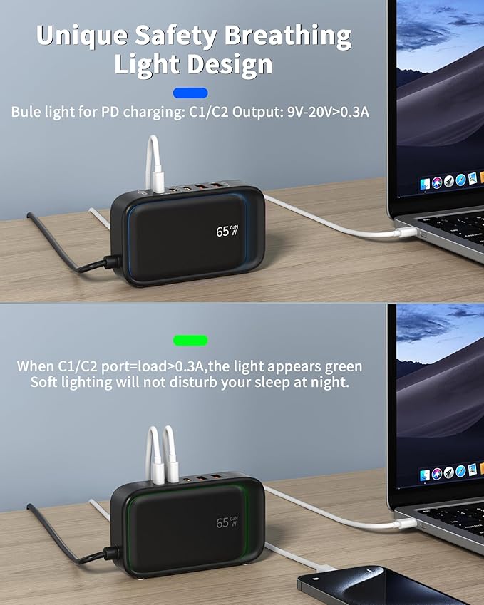 USB C Power Strip 65W, Outlet Extender with 2 AC Ports, 3 USB-C Ports, 2 USB-A Ports, Surge Protector GaN USB Charger Station for Laptop/Phone and More