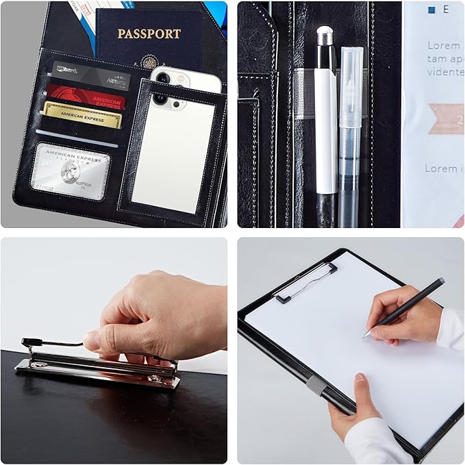 PU Leather Padfolio Folder Clipboard Portfolios Organizer Conference Document Organizer with Business Card Holder Storage Clipboard Writing Pad,Dragonfly with Lotus Flower