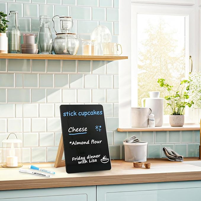 WALGLASS Desktop Black Glass Dry Erase Board 9.5"x 6.7" with Reversible Wood Stand, Small White Board, Portable Whiteboard for Desk, Reusable Desk Notepad with 2 Markers&Eraser for Home, Office