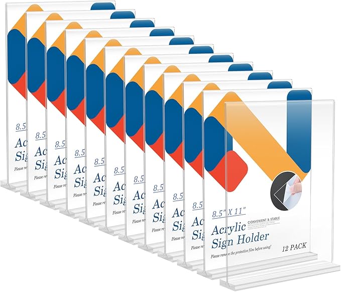 Relx 12 Pack Acrylic Sign Holder 8.5 x 11, Vertical T Shape Plastic Sign Holder with Base, Double-Sided Clear Tabletop Plexiglass Flyer Stands for Restaurant Office Store Home Picture Frame Display