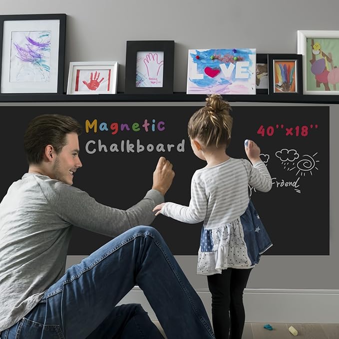 Magnetic Chalkboard Contact Paper for Wall 40" x 18" Self Adhesive Blackboard Wallpaper Peel and Stick Chalk Board Wall Decal Roll with Chalks for Kids Home Playroom Classroom