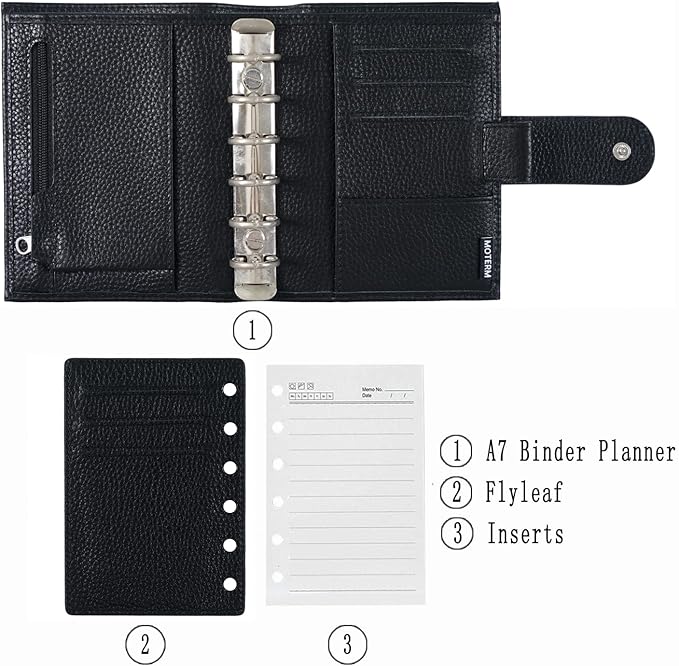 Moterm Pocket Regular Rings Planner - Genuine Leather Binder Organizer (Pebbled-Black, 19mm Ring)