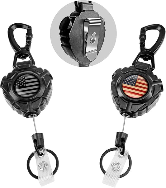 bolimoss 2 Pack Retractable Keychain with Belt Clip, Heavy Duty 360° Swivel Carabiner Key Chains, Impact Resistance ID Badge Reels with 31.5” Wire Rope and Key Ring, Up to 10 oz (US Flag