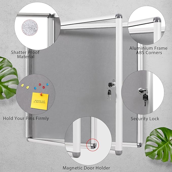 SWANCROWN Enclosed Bulletin Pin Fabric Boards Tamperproof Notice Case for Message Memo Photo,Grey,28x26inch (6xA4)