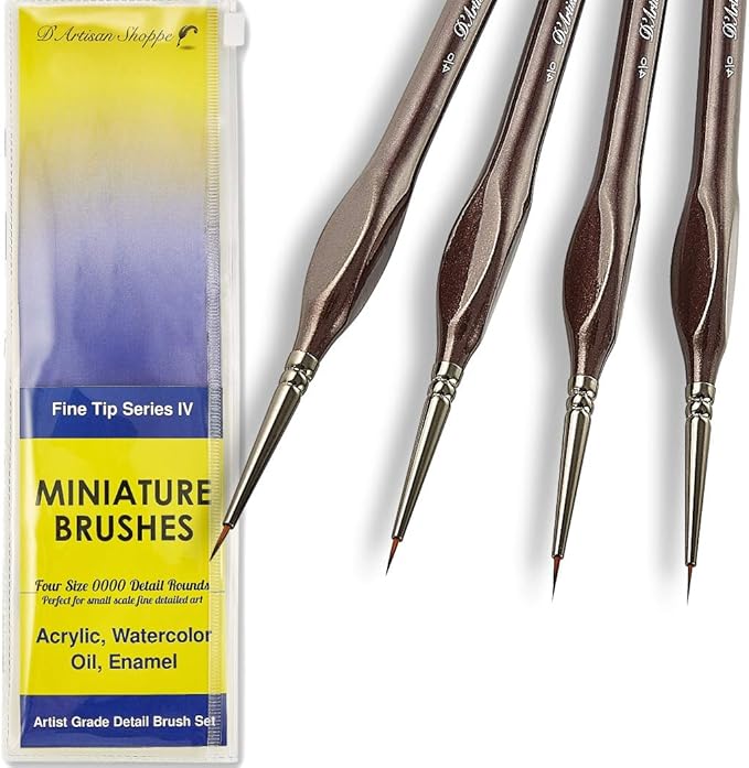 Micro Paint Brush Detail Set - Ultra Fine Tip Thin Paintbrush 4pc Round Size 0000 (4/0) for Tiny Miniature Painting. Model Mini Artist Brushes for Acrylic, Watercolor, Oil, Paint by Numbers Painting
