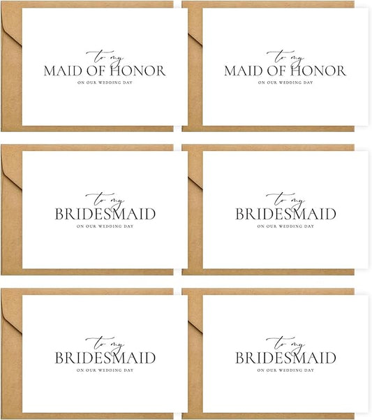 6 Pieces Bridesmaid Proposal Cards with Envelopes, 4 Pieces To My Bridesmaid On Our Wedding Day Cards and 2 Pieces To My Maid Of Honor On Our Wedding Day Cards.（Bridesmaid - 6cards A）