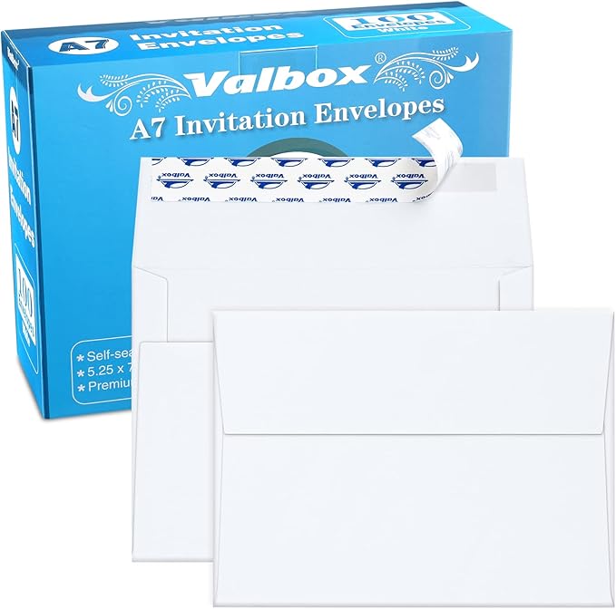 ValBox 5x7 Envelopes for Invitation 100 Qty A7 Envelopes Self Seal White, Printable Paper Envelope for 5x7 Cards, Weddings, Baby Shower, Stationery, Office, 5.25 x 7.25 Inches