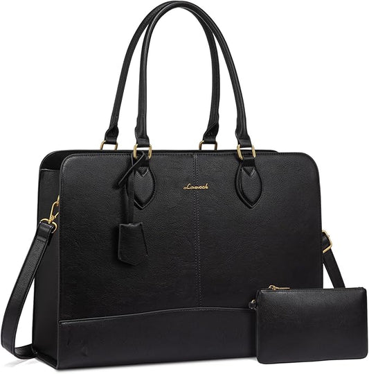 LOVEVOOK Laptop Bag for Women, Work Tote Bags 17.3 inch Computer Bags for Laptops for Women Purse, Large Vintage PU Leather Waterproof Business Office Briefcase, Black